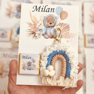 Teddy Bear Chocolate Card Favors,Teddy Bear Welcome Baby Favor,Baby Shower Gifts,Rainbow Macrame Keychain,Personalized Baptism Magnet Favors