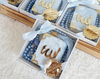 Personalized Blue Quran & Pearl Tasbih Set: Nikkah Wedding Favors