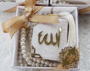 White Mini Quran Set, Pearl Tasbih, Personalized Islamic Favor