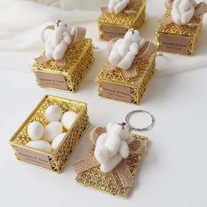 Personalisierte Babypartys Teddybär Bevorzugungen, kleine Süßigkeitenschachteln, Teddybär Schlüsselbund Geschenke, Rustikale Begrüßung Favos, Benutzerdefinierte Taufe Bevorzugungen Boxen