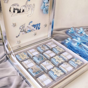 Upominki na przyjęcie w kształcie misia, Prezenty powitalne dla niemowląt, Pudełko upominków na baby shower, Pudełko czekoladek w kształcie misia, Cukierki z podziękowaniami, Upominki na chrzest, Upominki dla chłopców