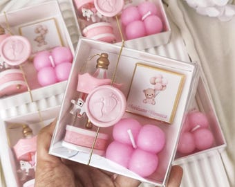 Personalized Carousel Baby Shower Favor: Welcome Baby, Christening Gift Box with Bubble Candle & Chocolate