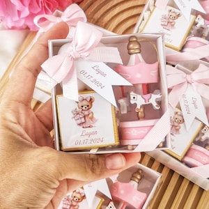 Bomboniere uniche per il battesimo della neonata per gli ospiti, bomboniere per la festa del baby shower del neonato, candele per il battesimo personalizzate e bomboniere di cioccolato, regalo carosello