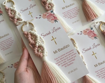 Personalized Baptism Macrame Key Chain Card Gifts,Mi Bautizo Gift,First Communion Gift in Bulk,Rustic Macrame Key Chain,Thank You Candy Gift