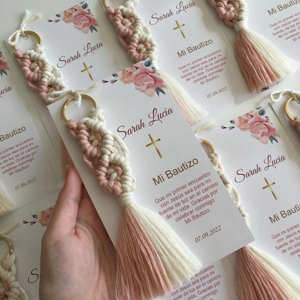 Personalized Baptism Macrame Key Chain Card Gifts,Mi Bautizo Gift,First Communion Gift in Bulk,Rustic Macrame Key Chain,Thank You Candy Gift