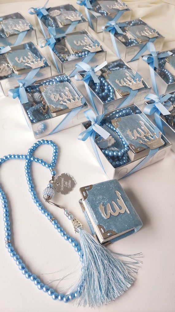 Blue Mini Quran Gift,Islamic Baby Shower Gift,Ameen Gift,Muslim Baby Boy Candy,Personalized Islamic Baby Gift,Quran and Rosary,Silver Design