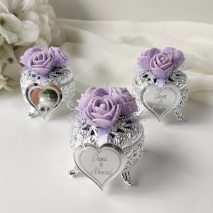 Boîte cadeau de mariage de bonbons, boîte-cadeau en vrac, cadeau personnalisé, boîte de bonbons en plastique argentée, cadeaux de douche nuptiale lavande, boîte de décoration lilas