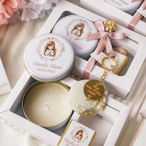 Personalized Baptism Favor Set: Scented Candle, Keychain & Chocolate