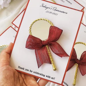 Gold Mirror Sweet 16 Favors: Burgundy Ribbon, Quinceañera Party Gift