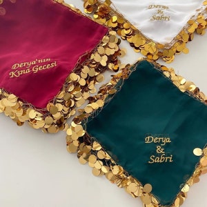 Lenço bordado com lantejoulas, lembrancinhas de casamento de hena para madrinhas, lenço halay personalizado, acessório de casamento, presente de lenço de hena