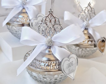 Personalized Crystal Glass Bowl Favors: Silver Wedding Engagement Gifts