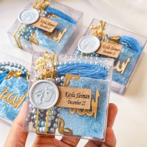 Islamic Baby Shower Party Favors,1st Birthday Muslim Party Gift,Custom Baby Blue Mini Quran and Tasbeeh Box,Welcome Baby Favor,İslamic Gifts
