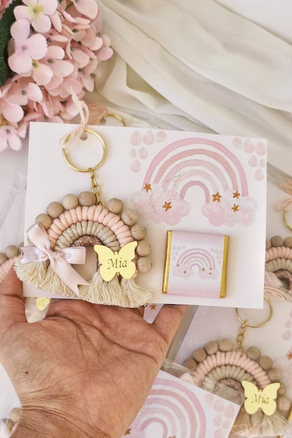 Portachiavi Madrina Con Ciondolo Arcobaleno Intrecciato E Nappe, Regalo Personalizzato Per Battesimo