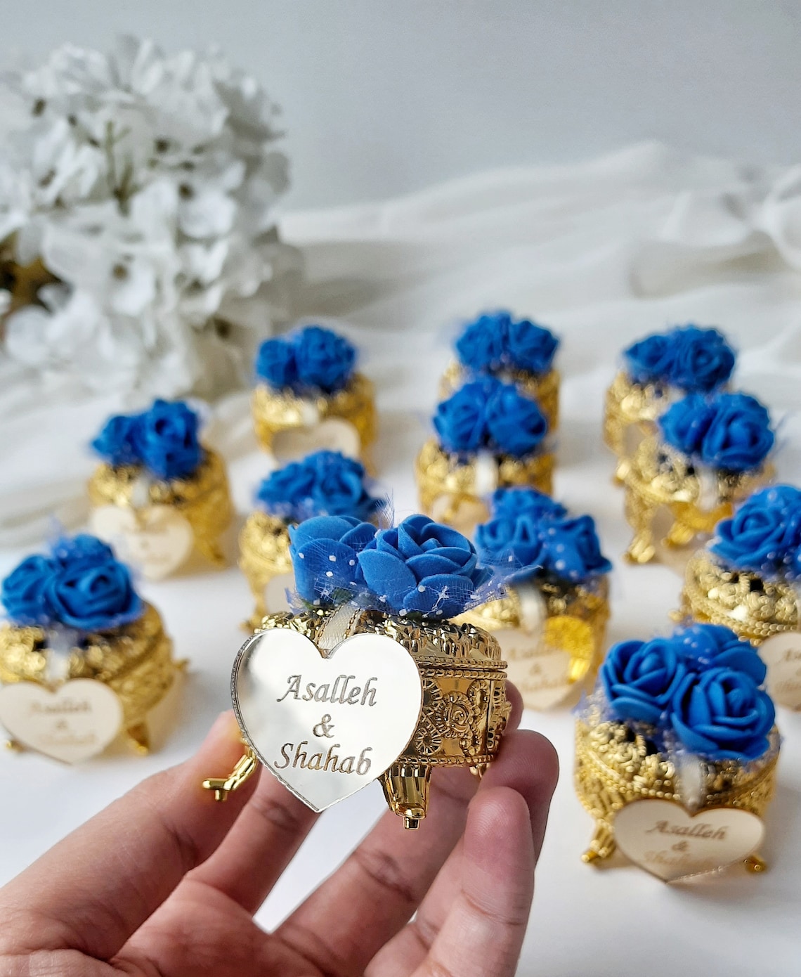 Person Royal Blue Flowers BoxGold Colored Small Plastic Box image 2