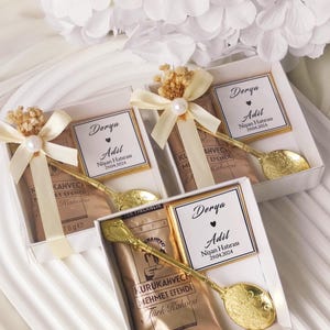 Caffè turco e cucchiaino in scatola, bomboniere con caffè e cioccolato, regalo speciale personalizzato all'ingrosso, addio al nubilato rustico, bomboniere per gli ospiti, fidanzamento
