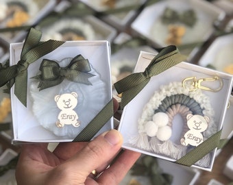 Teddy bear baby shower favor for guests, Macrame keychains, Teddy bear party magnet favors, Sage green baby shower party gift,Thank you gift