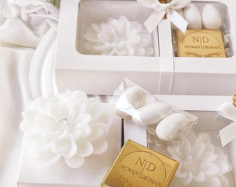Personalized Wedding Favor Box: Chocolate, Candle & Dragee Gift Set