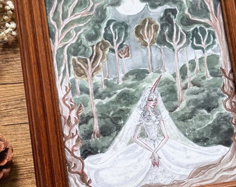 Unicorn Bride Art Print | Enchanted Forest Wall Decor | Vintage Fairytale Illustration | Mystical Fantasy Wall Art | Dark Cottagecore Art