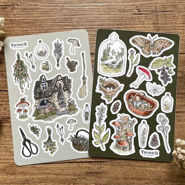 BUNDLE: Dark Cottagecore Sticker Sheets | Green Witch Journal Stickers | Goblincore Sticker Set | Vintage Woodland Stickers | Cottage Witch