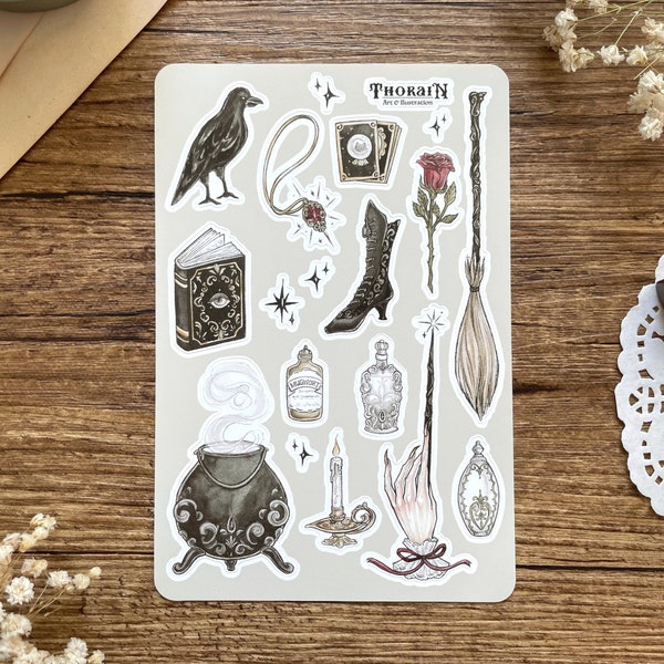 Victorian Witch Sticker Sheet | Gothic Witchy Sticker Set | Witchy Bullet Journal Stickers | Antique Dark Academia Witch Sticker Pack |