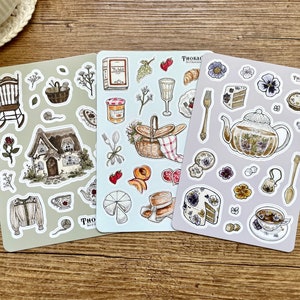 Lot de feuilles d'autocollants Spring Cottagecore | Ensemble d'autocollants pour pique-nique dans le jardin | Papeterie esthétique de conte de fées | Stickers journal floral Tea Party