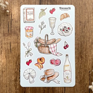 Picknick-Stickerbogen | ästhetischer Sommer Picknick Journal Aufkleber Set | Lebensmittel Illustration Set | Niedliche Pastell Sticker