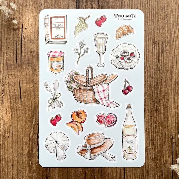 Picnic Sticker Sheet | Aesthetic Summer Picnic Journal Sticker Set | Food Illustration Sticker Set | Cute Pastel Sticker Pack