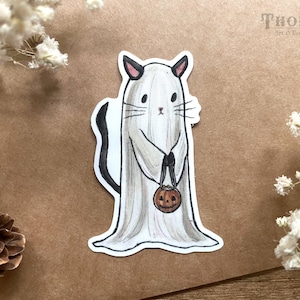 Ghost Kitty Vinyl Sticker | Trick Or Treaters Sticker Pack | Vintage Halloween Sticker Set | Whimsical Spooky Stickers | Haunted Cottagecore