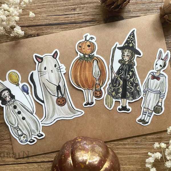 Trick Or Treaters Sticker Pack | Vintage Halloween Sticker Set | Whimsical Spooky Stickers | Ghost Stickers | Haunted Cottagecore Stickers