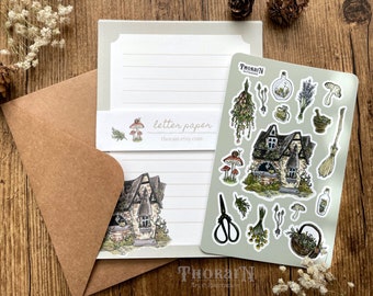 Cottage Witch Stationery Bundle | Dark Cottagecore Writing Set | Witchy Journal Stickers | Aesthetic Fairytale Cottagecore Sticker Sheet Set