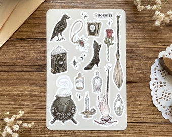 Viktorianischer Hexen-Aufkleber Bogen | Gothic Witchy Sticker Set | Bullet Journal Aufkleber | Antike Dark Academia Hexe Aufkleber |