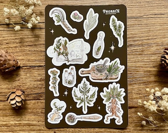 Green Witch Sticker Sheet | Witchy Herbalcore Sticker Set | Witchy Journal Stickers | Whimsical Dark Cottagecore Botanical Sticker Pack