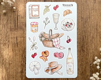 Hoja de pegatinas de picnic / Juego de pegatinas estéticas de diario de picnic de verano / Juego de pegatinas con ilustraciones de comida / Lindo paquete de pegatinas pastel