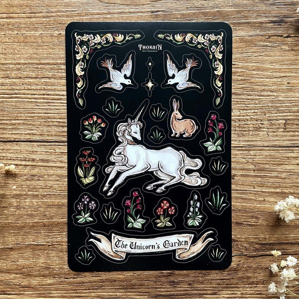 Hoja de pegatinas del Jardín del Unicornio / Colección de pegatinas de fantasía medieval / Pegatinas para diario mitológico / Set de pegatinas de feria renacentista de la Edad Media