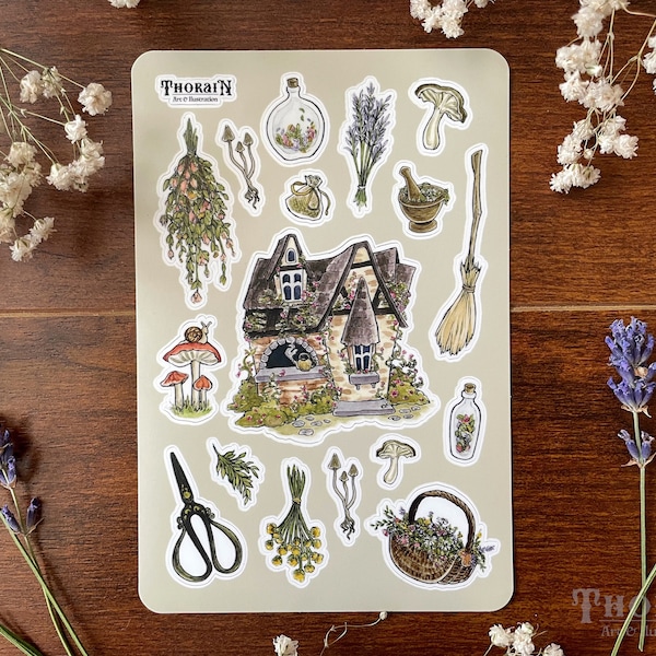 Cottage Witch Sticker Sheet | Witchy Journal Stickers | Dark Cottagecore Sticker Set | Vintage Fairytale Stickers | Whimsical Witch Pack