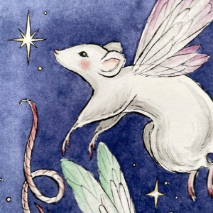 May include: Watercolor illustration of white mice with fairy wings against a deep blue background. The mice have pink cheeks and are surrounded by stars. The wings are white with pink and green accents. The artwork has a whimsical, fantasy theme.