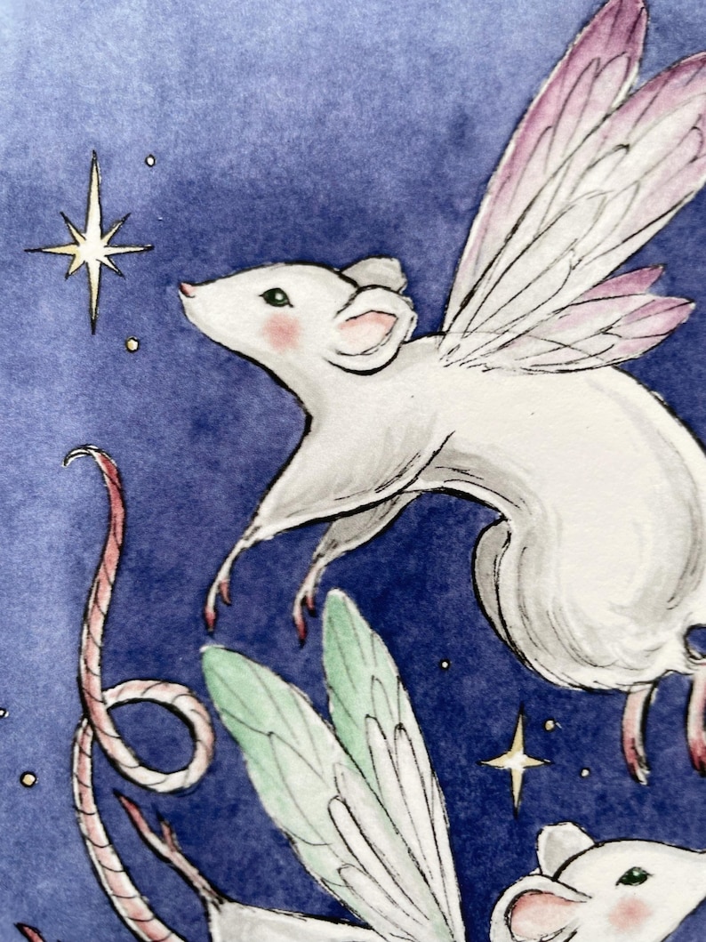 May include: Watercolor illustration of white mice with fairy wings against a deep blue background. The mice have pink cheeks and are surrounded by stars. The wings are white with pink and green accents. The artwork has a whimsical, fantasy theme.