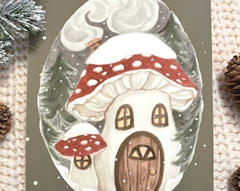 Cottagecore Mushroom House Art Print | Cottage Holiday Wall Art | Cozy Illustrated Artwork | Festive Goblincore Mushroom Wall Decor