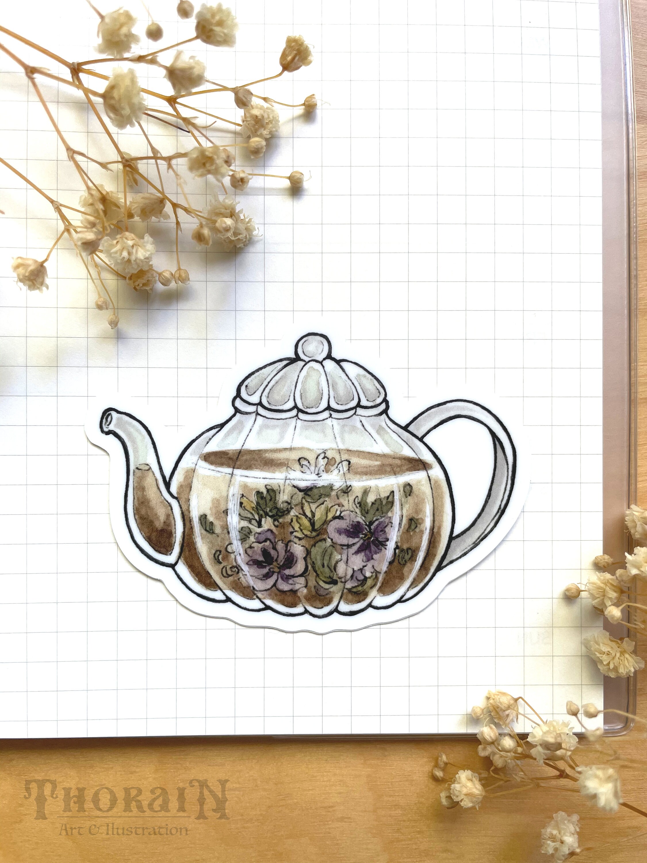 Teapot Sticker Floral Blooming Teapot Vinyl Sticker | Cozy Tea Time Sticker ...