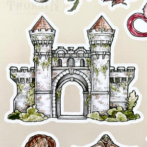 May include: A hand-drawn illustration of a stone castle with a large arched entrance. The castle has two towers with red roofs and is covered in green vines. The castle is set against a white background.