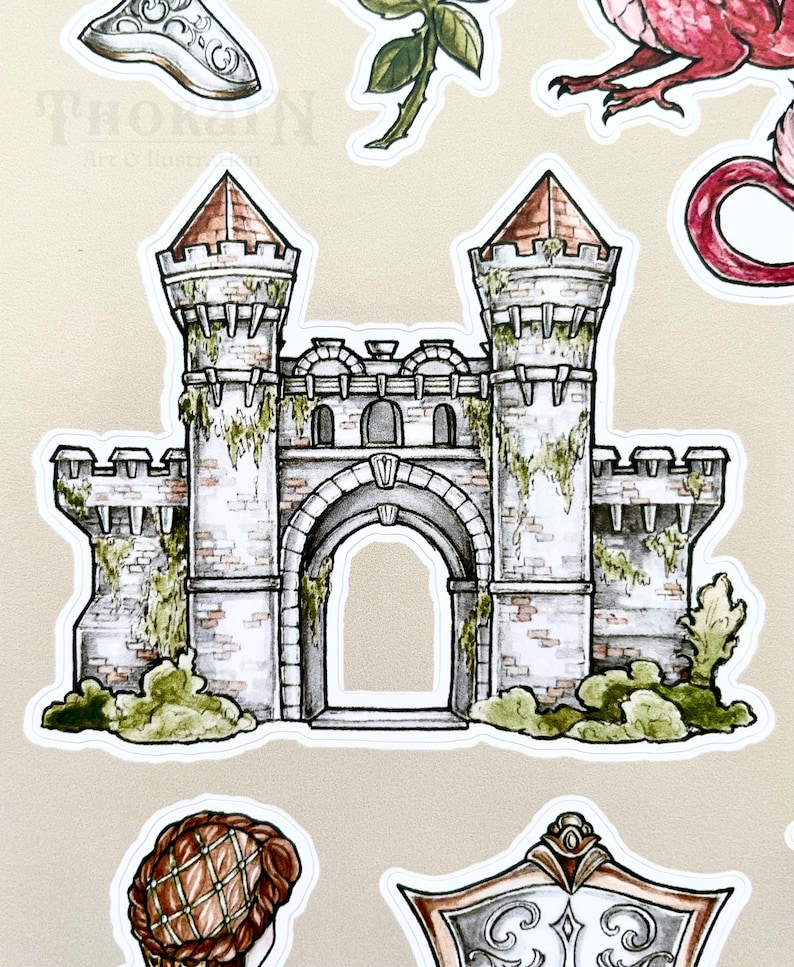May include: A hand-drawn illustration of a stone castle with a large arched entrance. The castle has two towers with red roofs and is covered in green vines. The castle is set against a white background.