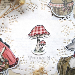 Sticker en vinyle Vichy champignon | Stickers conte de fées, autocollants en vinyle imperméables, autocollants beaux-arts, lot d'autocollants en vinyle, lot d'autocollants vintage