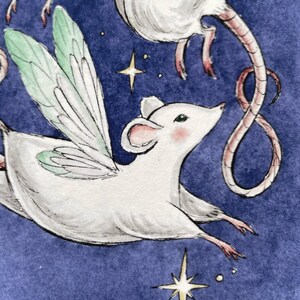 May include: Watercolor illustration of two white mice with fairy wings and pink ears, noses, and feet, set against a dark blue background with gold stars. One mouse is in flight, the other is upside down.