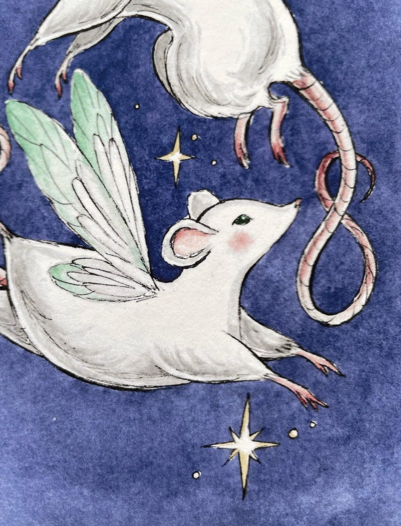 May include: Watercolor illustration of two white mice with fairy wings and pink ears, noses, and feet, set against a dark blue background with gold stars. One mouse is in flight, the other is upside down.