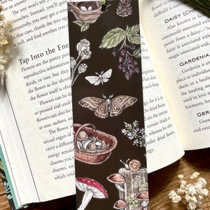 Dark Cottagecore Bookmark | Green Witch Bookish Gift | Goblincore Moth Bookmark with Tassel | Vintage Woodland Illustrated Bookmark |