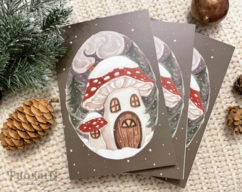 Cottagecore Mushroom Christmas Card | Set of 4 Holiday Cards | Cozy Illustrated Greeting Cards | Festive Goblincore Mushroom Card
