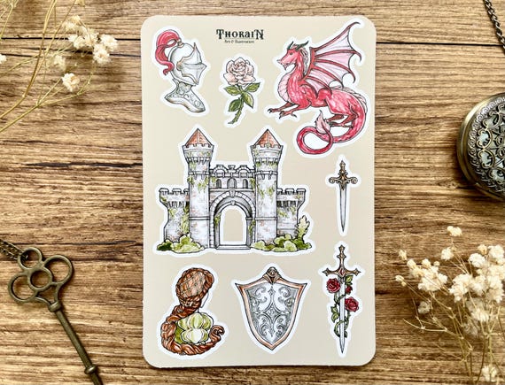 Medieval Sticker Sheet | Fantasy Dragon Sticker Collection | Royal Knight Journal Stickers | Middle Ages Renaissance Faire Sticker Set