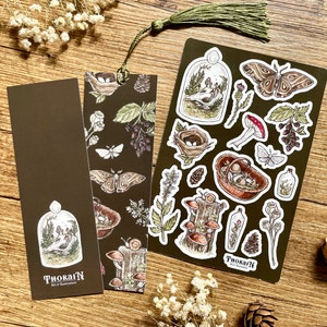 BUNDLE: Dark Cottagecore Bookmark & Sticker Sheet | Green Witch Bookish Gift Set | Goblincore Bookmark with Tassel | Woodland Stationery |