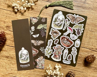 BUNDLE: Dark Cottagecore Bookmark & Sticker Sheet | Green Witch Bookish Gift Set | Goblincore Bookmark with Tassel | Woodland Stationery |