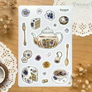 Floral Tea Party Sticker Sheet | Cozy Tea Sticker Set | Whimsical Pansy Stationery | Aesthetic Tea Planner Stickers | Tea Journal Stickers